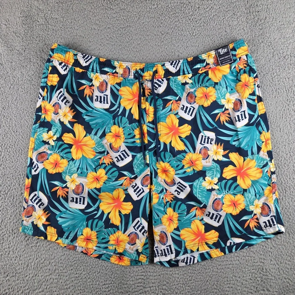 Miller Lite Floral Swim Trunk‎ Shorts Mens 3XLT Green Hawaiian Floral